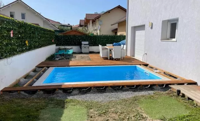 Aménagement de petite piscine privée avec éclairage extérieur, Scionzier, Garden Art